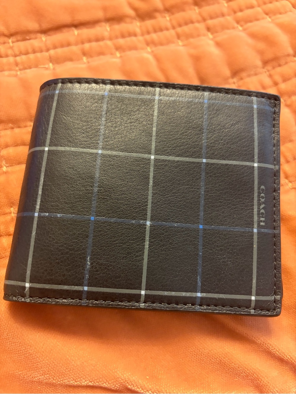 COACH Men's Black Plaid Leather Bi-Fold Wallet